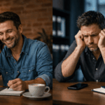 Split image of a man on a call: left shows him smiling at a laptop with a notebook and coffee; right shows him stressed, holding his head during a call with a phone nearby.