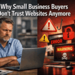 Split-screen image: a worried man with arms crossed at a laptop on the left, and a collage of warning icons and a red 'ERROR' display on the right, illustrating distrust in websites.