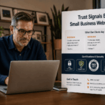 Man in glasses typing on a laptop beside a large banner that says 'Trust Signals Every Small Business Website Needs'.