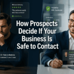 Hero banner: “How Prospects Decide If Your Business Is Safe to Contact” with two professionals at a desk and floating trust badges indicating security and credibility.