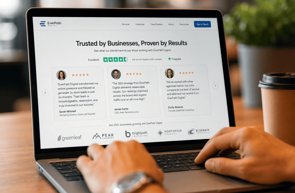 Laptop screen shows EverPath Digital testimonials with five-star ratings and client quotes on a business site.