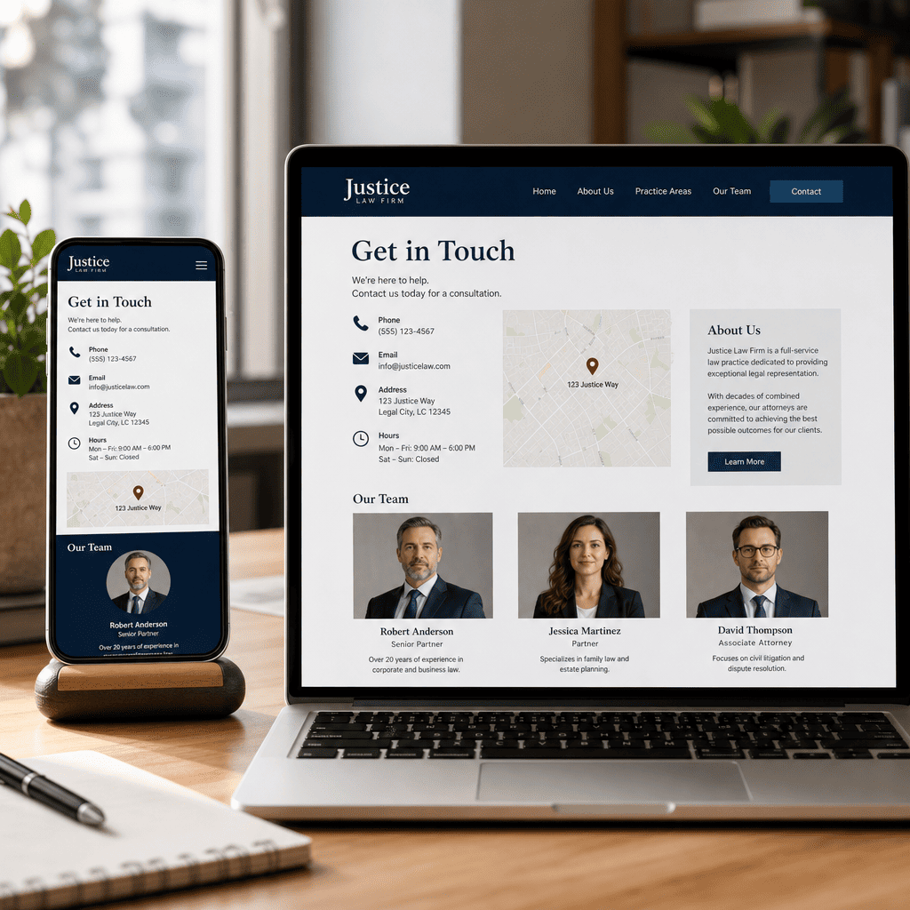 Responsive law firm website showing a Get in Touch page on a laptop and a mobile phone, with contact info, map, and team headshots beneath.