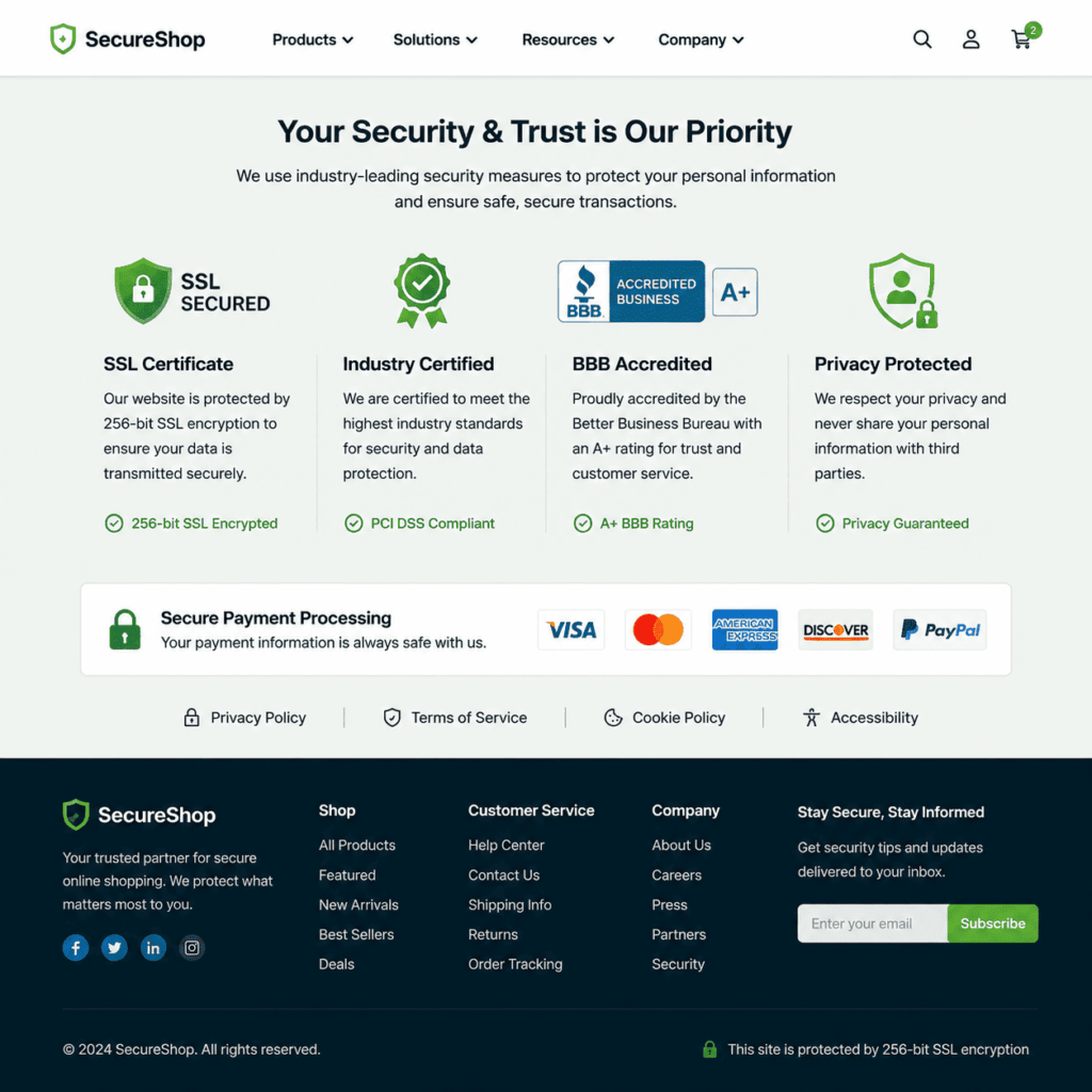 SecureShop security features: SSL, industry certification, BBB accreditation, privacy protection, and secure payments in the footer area
