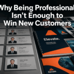 Marketing desk scene with rows of business cards, an Elevate notebook, and a mug, under the headline: 'Why Being Professional Isn’t Enough to Win New Customers'.